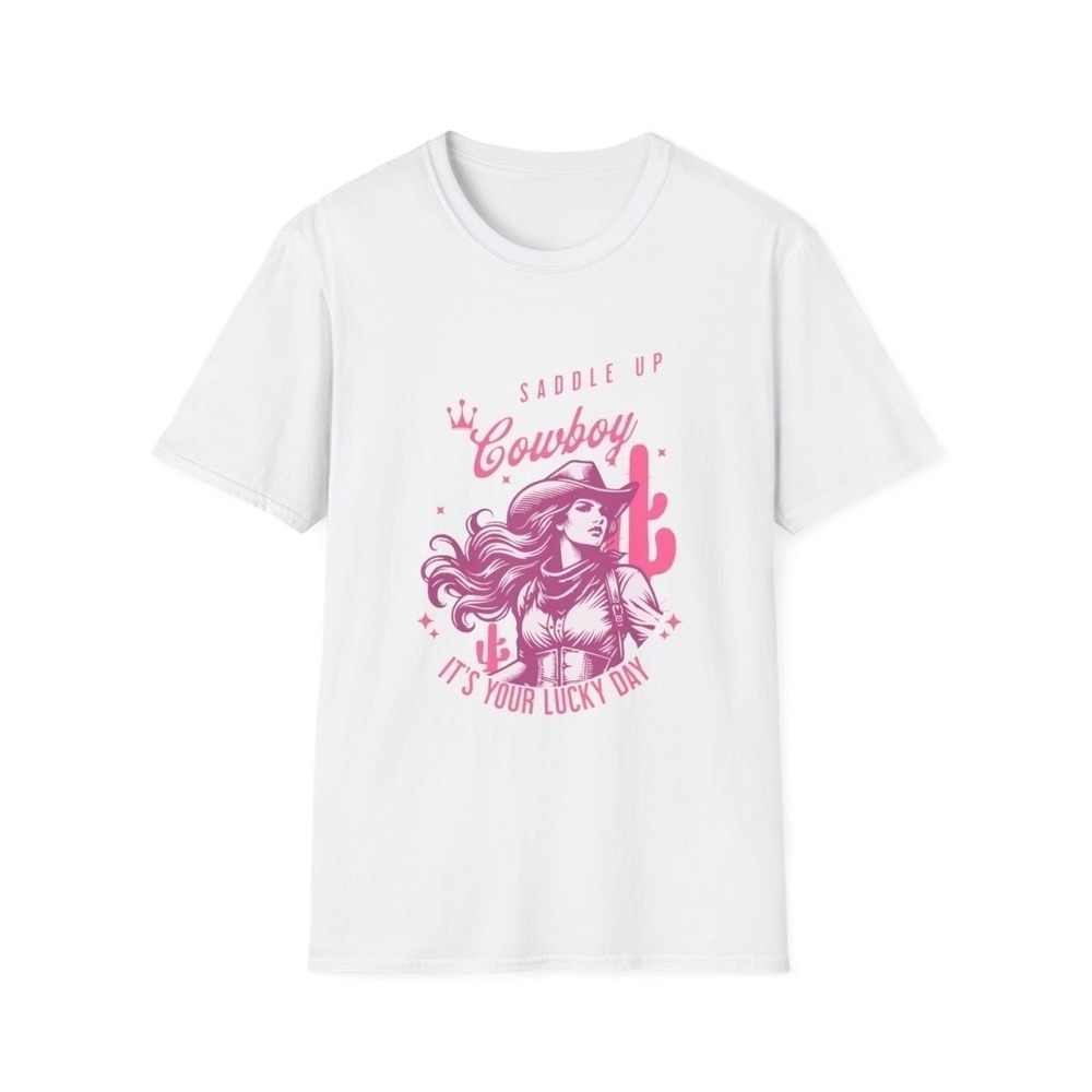 Womens Saddle Up Cowboy Lucky Day Graphic Tee Pink Western Style | White‎ M